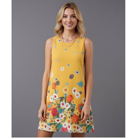 Boho Flower Printed Sleeveless Dress Yellow - Picture 1 of 8